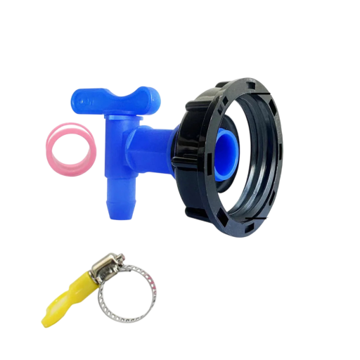 IBC ventieladapter voor tank S60x6 60 mm kunststof kraan blauw met aansluiting voor slang 5/8 regulatie van de waterstroom voor vaten en irrigatie