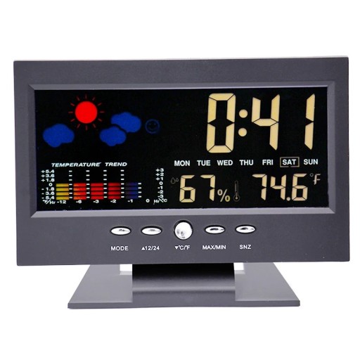 Időjárás állomás LCD kijelzővel 14,6 x 9 cm Színes időjárás-előrejelzés Hőmérő Higrométer Ébresztőóra Háttérvilágítás Hangvezérlés Állvány