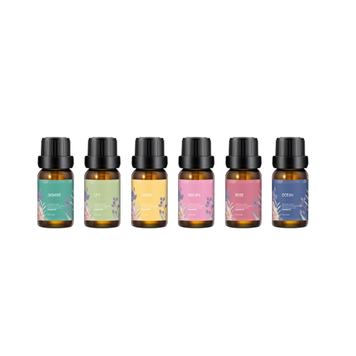 Illóolaj készlet diffúzorhoz 6×10 ml rózsa, citrom, szakura, liliom, jázmin, óceán illatokkal aromaterápiához és a belső tér illatosításához