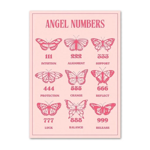 Ilustrație de poster pentru perete cu motivul fluturilor și numerelor îngerești 20 x 30 cm print pe pânză design roz fără ramă decorare interioară