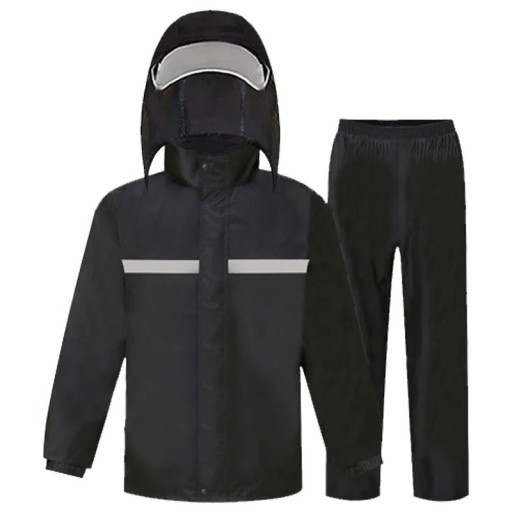 Imperméable de moto complet veste et pantalon unisexe PVC noir avec capuche et visière protection contre la pluie conduite à moto