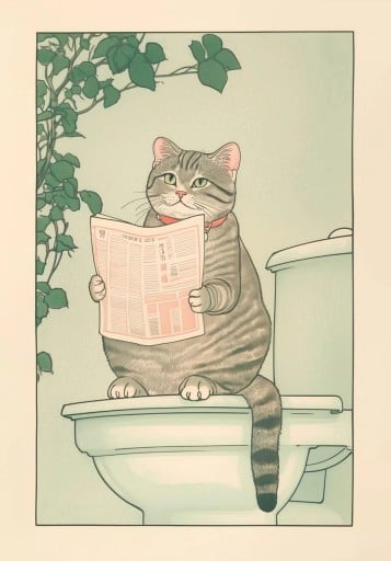Impression murale décorative 20 x 30 cm Chat aux toilettes avec des journaux Esthétique japonaise Impression sur toile douce Sans cadre Œuvre