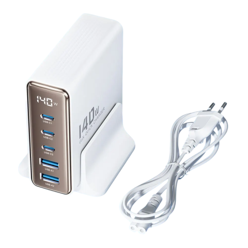 Încărcător rapid Adaptor USB GaN de 140 W 2 × USB A și 3 × USB C cu afișaj LED Conexiune UE care încarcă mai multe dispozitive simultan cablul inclus