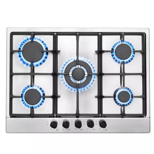 Indbygnings Gas Kogeplade 5 Brennere Wok 3,4 kW Rustfrit Stål Gitter i Gussejern Automatisk Tænding Sikkerhedsventil 68 x 50 cm NG og LPG
