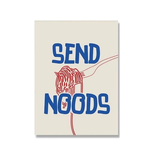 Indendørs plakat til væg nudler på gaffel 40 x 60 cm tryk på lærred blå rød grafik blød udførelse uden ramme restaurant