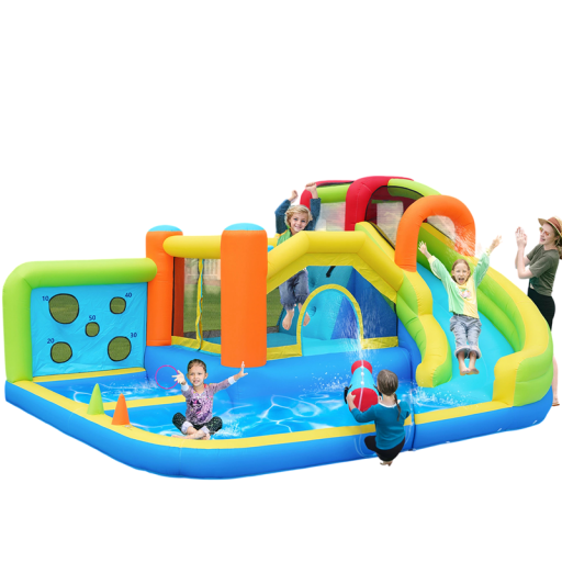 Inflatable Children's Water Bouncing Castle with Slide, Climbing Wall and Water Cannon 410 x 315 x 203 cm Oxford Colourful For Garden for Children Aged 3-8 Years