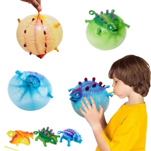 Inflatable Dinosaur for Children Rubber Toy and Balloon in One Round Shape After Inflation Handle Loop 11 x 6 cm Random Colour