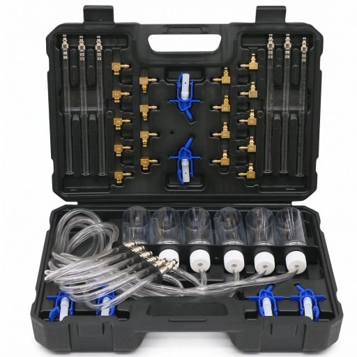Injector Backflow Test Set in Case 31 x 22 cm for Common Rail Diesel Engines with 6 Cylinders with Measuring Jugs and Adapters