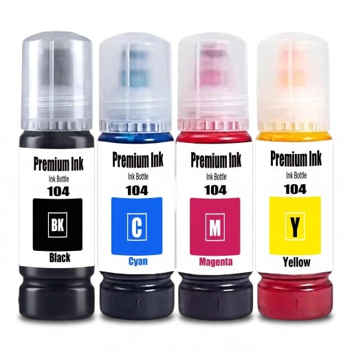 Inkoust 104 Sada 4 ks Pre Epson EcoTank ET-2821 ET-2825 ET-2826 ET-2830 Fľaštičky 4x 70 ml Na vodnej báze Čierna Azúrová Purpurová a Žltá