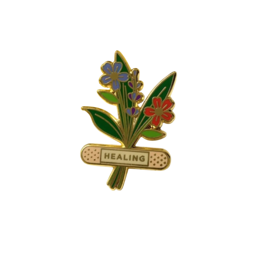 Insignă emailată cu flori și inscripția HEALING broșă botanică insignă metalică motiv floral multicolor accesoriu pentru rucsac sau haine