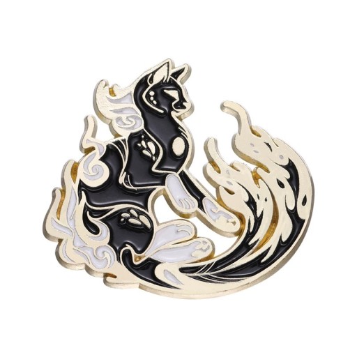 Insigna emailată cu pisică și coadă decorativă cca 2,8 × 3 cm broșă metalică cu motiv alb-negru insignă pentru rucsac sau reverul îmbrăcămintei