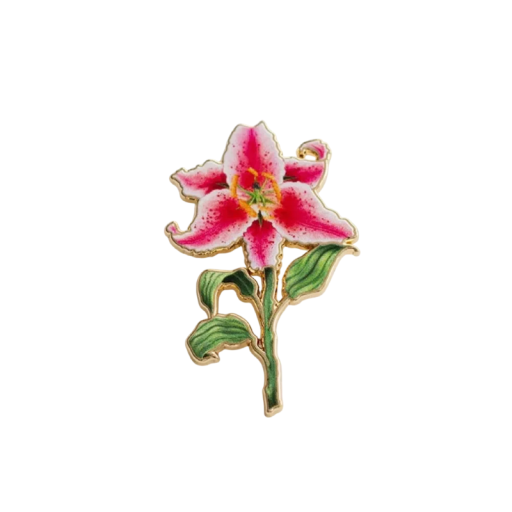 Insignă emailată floare crin broșă botanică insignă metalică floare roz-albă frunze verzi bijuterie accesoriu pentru rucsac rever îmbrăcăminte