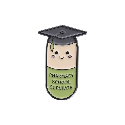 Insignă emailată în formă de capsulă cu figura absolventului 3 × 1,8 cm broșă metalică verde-gri inscripție Pharmacy School Survivor accesoriu