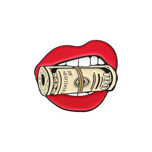Insignă smaltată cu buze și bancnotă cca 2,5 × 2,8 cm broșă metalică roșie bej motiv bani insignă pentru îmbrăcăminte rever rucsac accesoriu