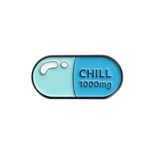 Insigna smaltată pilulă capsulă 3 × 1,3 cm broșă metalică albastru-turcoaz cu inscripția CHILL 1000mg accesoriu pentru rucsac îmbrăcăminte