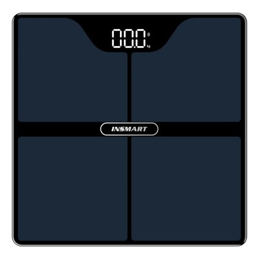 INSMART személyi mérleg 150 kg-ig 260 × 260 mm Bioimpedancia elemzés 16 testparaméter Alkalmazás Edzett üveg