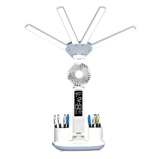 Intelligente LED-Leuchte mit Ventilator und USB-Display Wiederaufladbare Tischlampe mit Temperatur und Uhr Stifthalter 3 Lichtfarben