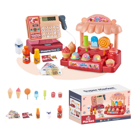 Interaktive Verkäufer-Spielzeugkasse 16 x 15 x 10 cm mit Scanner und Eisstand Eis, Eis am Stiel, Getränke und Geld
