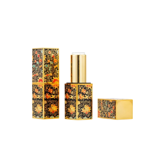 Involucro vuoto per rossetto con chiusura magnetica 22×74 mm plastico nero con elementi dorati e motivo floreale per uso cosmetico