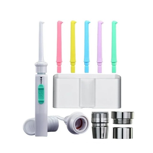 Irigador bucal portátil para grifo con presión de agua ajustable 100 cm de manguera 6 boquillas 3 adaptadores caja de almacenamiento sin necesidad de alimentación