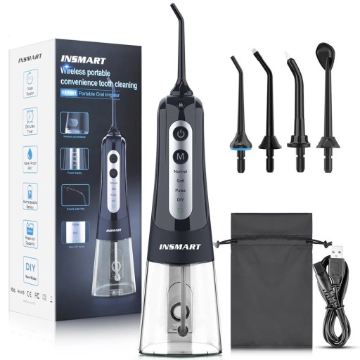 Irigator oral portabil pentru curățare interdentară cu 4 moduri IPX7 Irigator oral impermeabil pentru curățarea dinților 300ml Irigator dentar electric fără fir pentru igiena bucală 22x8cm