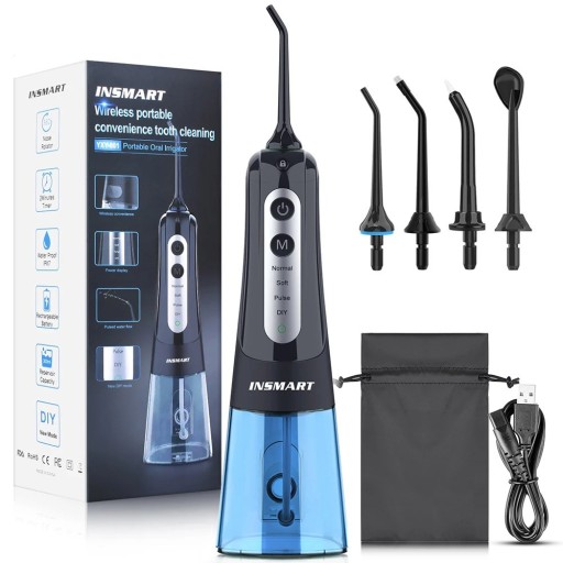Irigator oral portabil pentru curățare interdentară cu 4 moduri IPX7 Irigator oral impermeabil pentru curățarea dinților 300ml Irigator dentar electric fără fir pentru igiena bucală 22x8cm