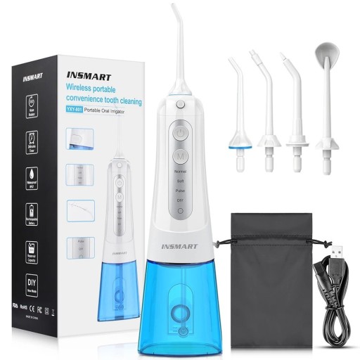 Irigator oral portabil pentru curățare interdentară cu 4 moduri IPX7 Irigator oral impermeabil pentru curățarea dinților 300ml Irigator dentar electric fără fir pentru igiena bucală 22x8cm