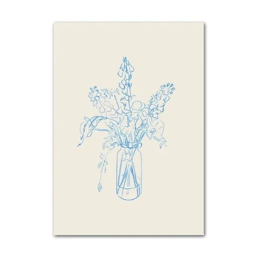 Iso seinäjuliste maljakko kukilla 50 × 70 cm kankaanpainatus minimalistinen sinivalkoinen viivamainen teema sisustukseen