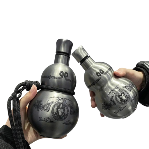 Isolierte Wukong-Thermoskanne in Kürbisform 500 ml Edelstahl schwarz 3D-Design Flasche mit Korkenverschluss für Getränke