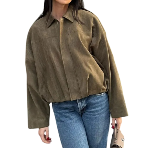 Jachetă de damă în piele întoarsă Croială oversize Palton elegant cu guler înalt Material moale Piele exterioară elegantă pentru toamnă