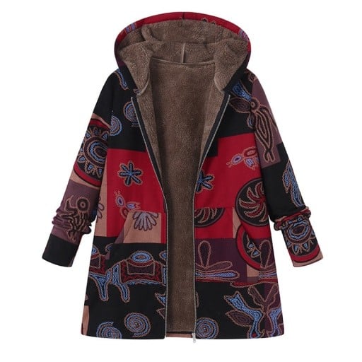 Jachetă de iarnă din bumbac pentru femei cu glugă Întreținere călduroasă din poliester Model patchwork etnic Croială mai lungă