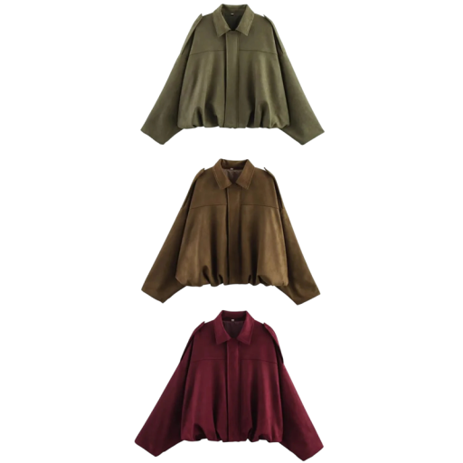 Jachetă de primăvară pentru femei din suede oversize cu guler și mânecă lungă, cu tiv elastic, pentru timpul liber în oraș, afară și la birou, pentru primăvară