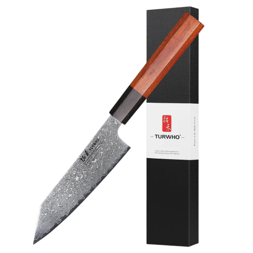 Japán konyhai kés, teljes hossza 24 cm, damaszkuszi acélból, kézzel kovácsolt zöldség-, hús- és gyümölcskés, ében és rózsafából készült nyél