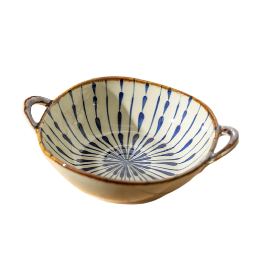 Japanese Noodle Bowl with Blue Radiating Pattern 23.5 x 6.5 cm Ceramic Beige Bowl with Handles for Serving Soups