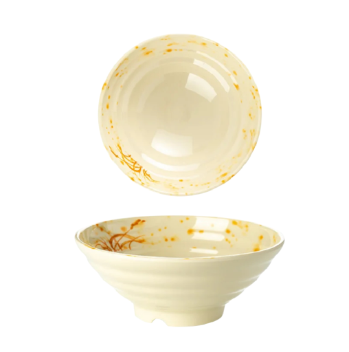 Japanilainen tyyliin suunniteltu posliinimiska 1600 ml, jossa on kermaista taustaa ja oranssia läiskäkuviota, 22,3 x 9 cm nuudelisoppaa varten