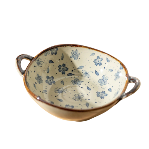 Japanse noedelkom met blauw bloemenpatroon 23,5 x 6,5 cm keramische beige kom met handvatten voor het serveren van soepen
