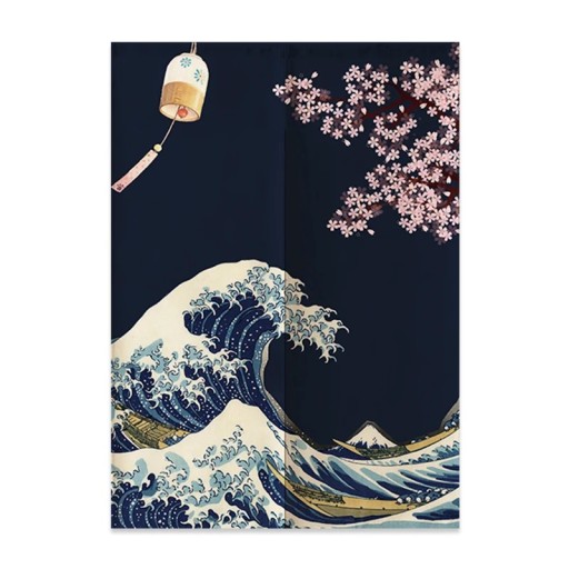 Japansk dørforhæng bølger sakura lanterne 120×180 cm polyester mørkeblå tekstilgardin til rumopdeling