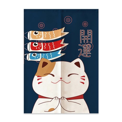 Japansk dørforhæng med kattemotiv 120×200 cm polyester mørkeblå baggrund tekstilforhæng til døre rumopdeling