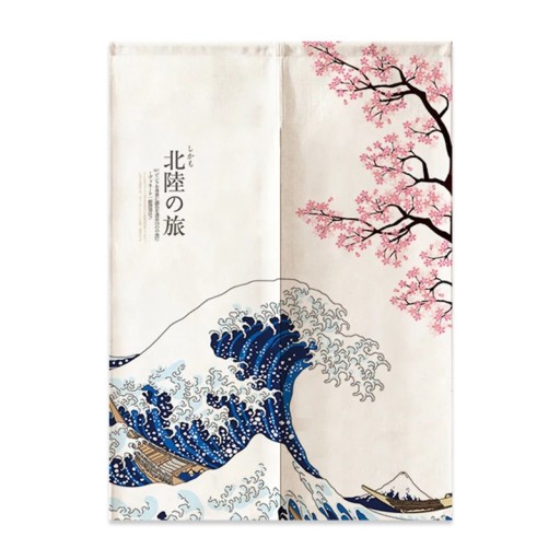 Japansk dørgardin sakura og bølger 85×180 cm polyester let gardin til døre blå-rosa dekoration til rumopdeling