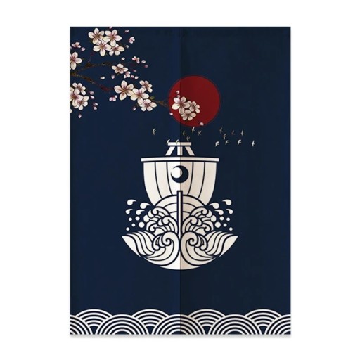 Japansk dørgardin sakura skib 80×150 cm polyester mørkeblå dørgardin til rumadskillelse og indretningsdekoration