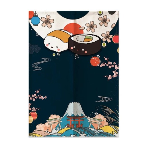 Japansk dørgardin sushi og Mount Fuji 65×90 cm polyester mørkeblå dekoration dørgardin til rumopdeling