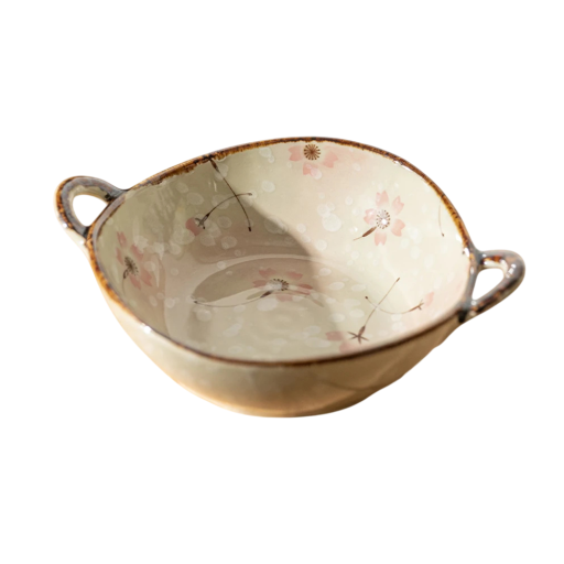 Japansk skål til nudler med blomsterdesign 23,5 x 6,5 cm keramisk beige skål med håndtag til servering af supper og retter
