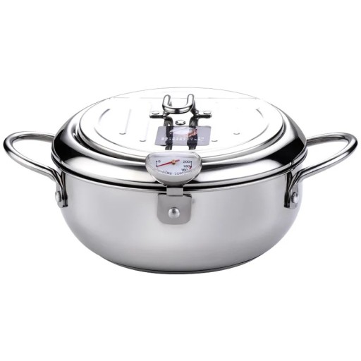 Japonský tempura hrniec 2,2 lz nerezovej ocele s teplomerom a pokrievkou 21 cm Olejová kuchynská panvica na vyprážanie Frying pot na indukciu aj plyn