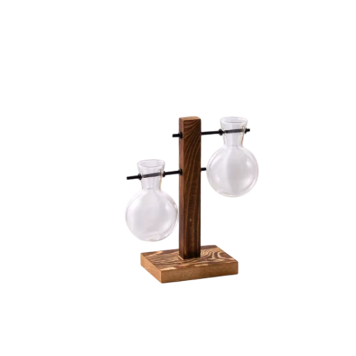 Jarrón de cristal en soporte 19 cm Tubo decorativo doble Diseño redondo Base de madera Estilo retro Maceta para plantas y esquejes