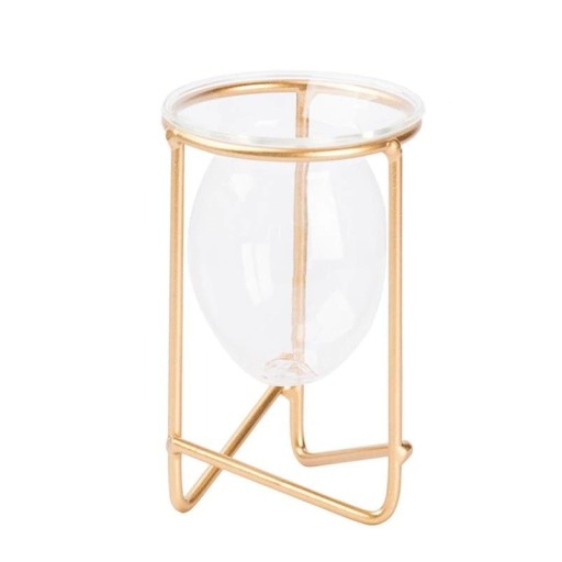Jarrón decorativo con soporte de metal.