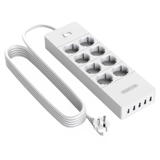 Jatkojohto kytkimellä 8x pistorasiaa, 5x USB