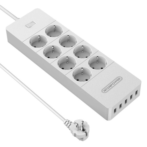 Jatkojohto kytkimellä 8x pistorasiaa, 5x USB