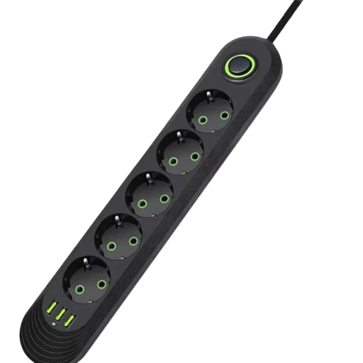 Jatkokaapeli EU 2m 5AC 2500W kytkimellä ja merkkivalolla Verkkosuodatin 3× USB A 2.1A 5V Virtalähde toimistoadapteri yleismalli