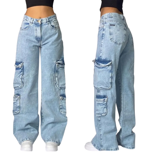 Jeans holgados azul claro para mujer con bolsillos laterales, pantalones casuales de pierna ancha, jeans sueltos para mujer para la ciudad