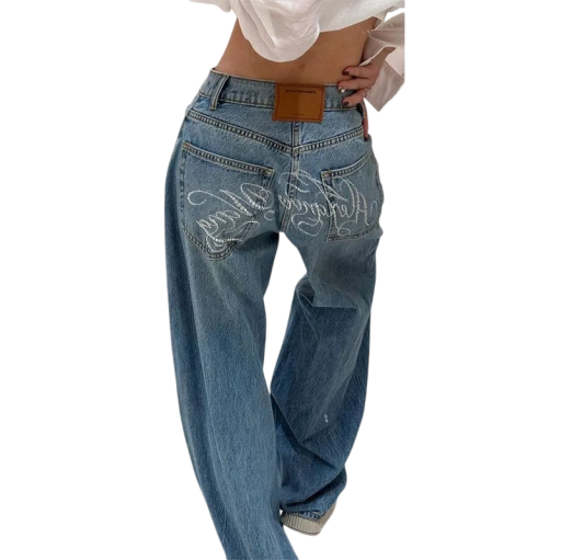 Jeansuri pentru femei albastre cu imprimeu pe partea din spate Croi lejer Buzunare Bumbac Poliester Pantaloni casual confortabili Stil modern street